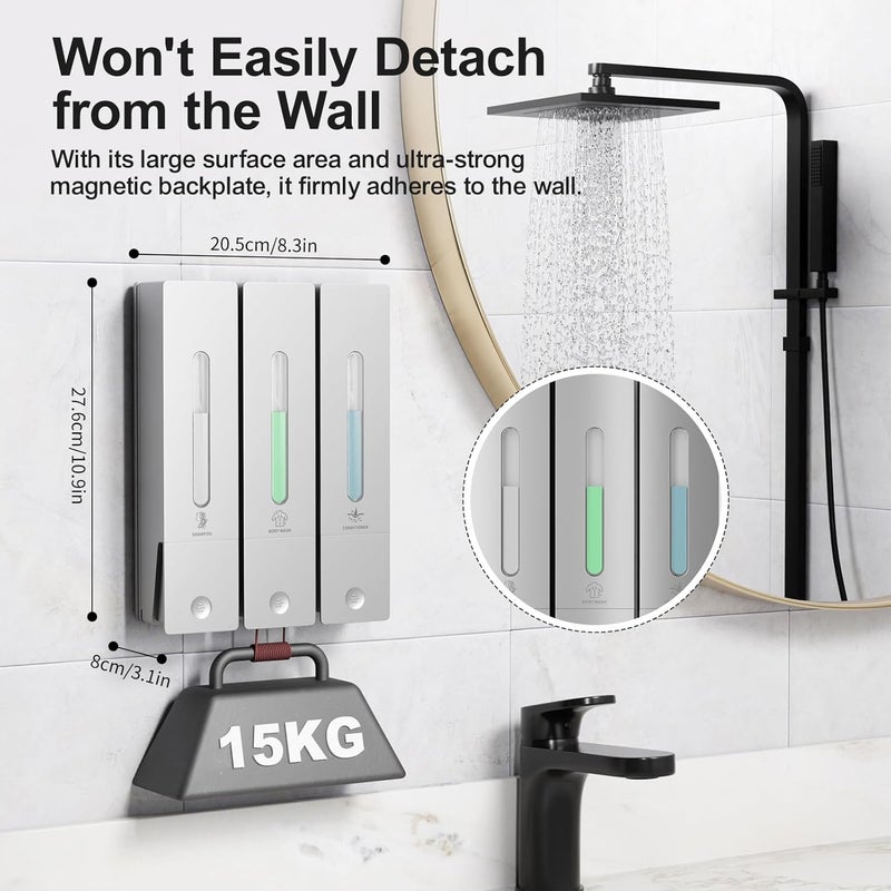 Aeakey Shampoo and Conditioner Dispenser - Wall-Mounted 3-Chamber Shower Soap Dispenser, No-Drill, 1200ML Capacity, for Bathroom & Hotel - Image 5